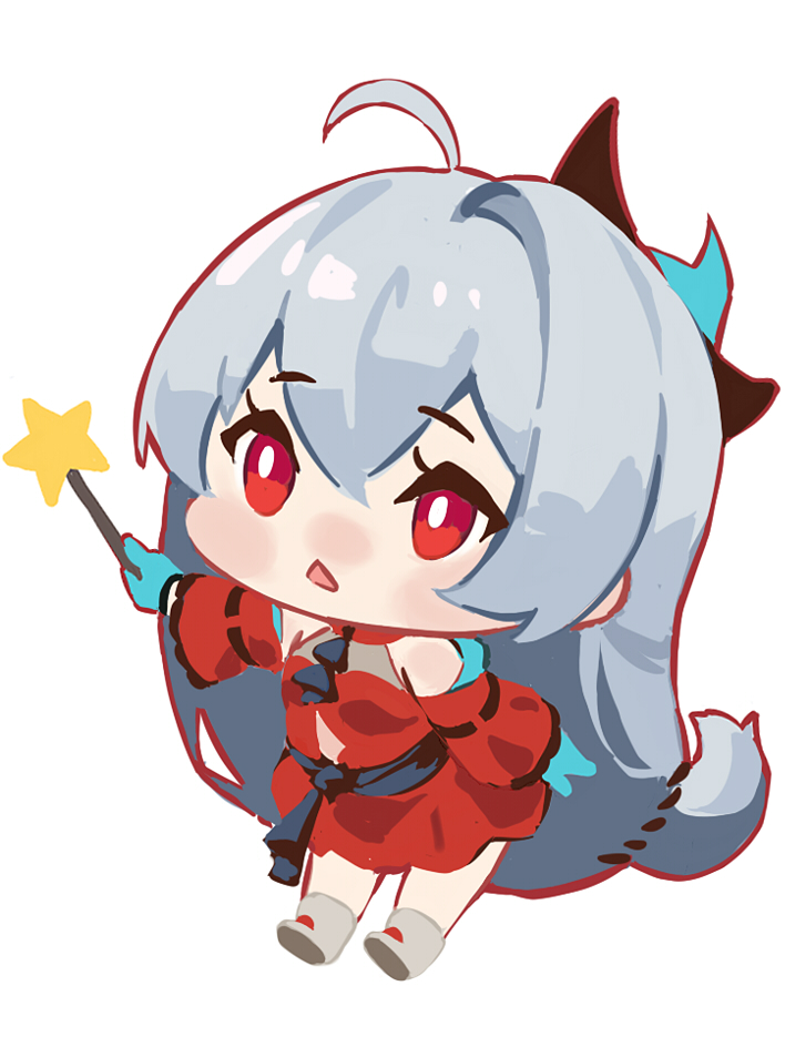 1girl :&lt; ahoge arknights bangs bare_shoulders blue_gloves boots chibi commentary_request detached_sleeves dress eyebrows_visible_through_hair gloves grey_footwear grey_hair hair_between_eyes holding holding_wand long_hair looking_away parted_lips red_dress red_eyes red_sleeves simple_background single_hair_intake skadi_(arknights) skadi_the_corrupting_heart_(arknights) sleeveless sleeveless_dress solo star_(symbol) triangle_mouth very_long_hair wand white_background zuiqiang_zayu