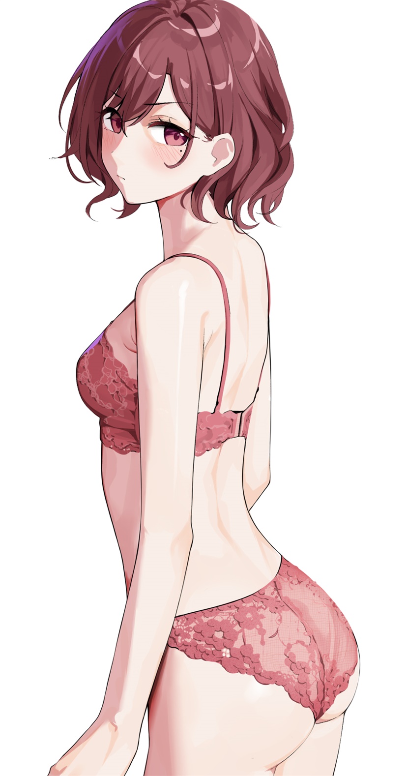 1girl armpit_crease ass bangs blush bra breasts brown_hair cowboy_shot eyebrows_visible_through_hair gin00 highres higuchi_madoka idolmaster idolmaster_shiny_colors lingerie looking_at_viewer looking_to_the_side mole mole_under_eye nape panties red_bra red_eyes red_panties see-through_panties short_hair sideways_glance simple_background small_breasts solo swept_bangs underwear underwear_only white_background