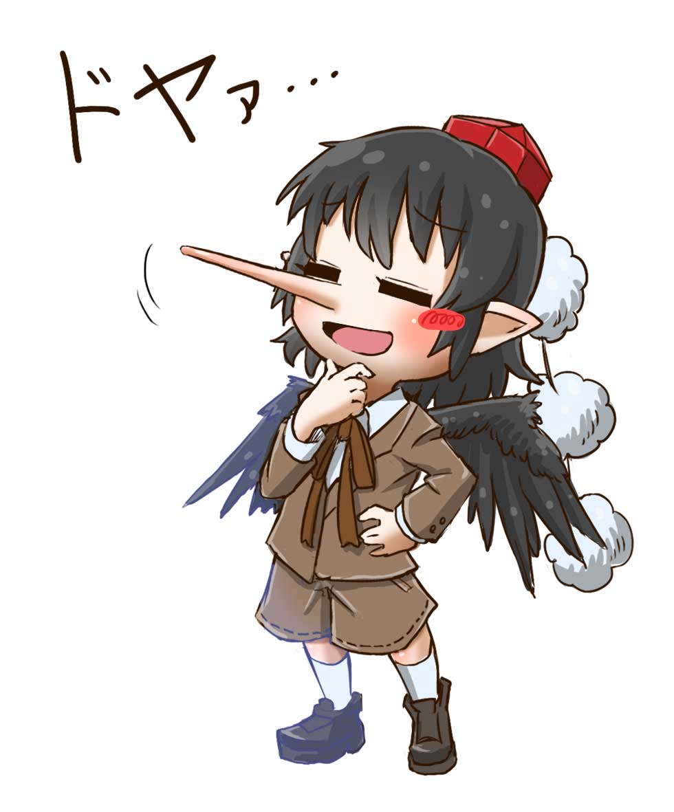 1girl black_footwear black_hair blush brown_jacket brown_ribbon brown_shorts chamaji chibi closed_eyes collared_shirt commentary_request hand_on_hip hand_on_own_chin hat jacket kneehighs loafers long_nose long_sleeves open_mouth pointy_ears pom_pom_(clothes) red_headwear ribbon shameimaru_aya shameimaru_aya_(newsboy) shirt shoes short_hair shorts simple_background suit_jacket tokin_hat touhou white_background white_legwear white_shirt