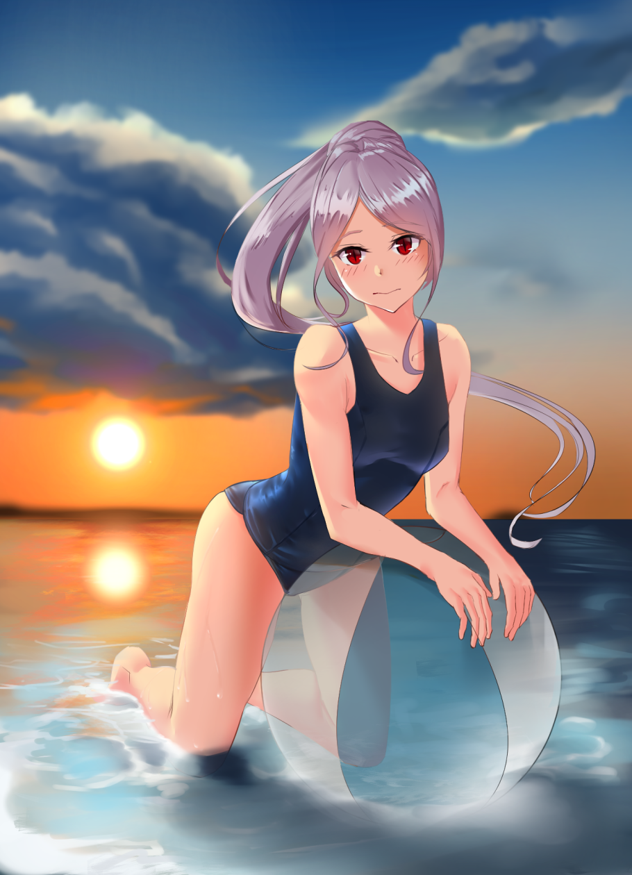 1girl ball bangs bare_arms bare_legs barefoot beach beachball blue_swimsuit blush breasts closed_mouth collarbone floating_hair highres kneeling leaning_forward long_hair looking_at_viewer ocean overlord_(maruyama) parted_bangs rausu_(undeadmachine) red_eyes school_uniform shalltear_bloodfallen silver_hair slit_pupils small_breasts smile solo sun sunset swimsuit very_long_hair