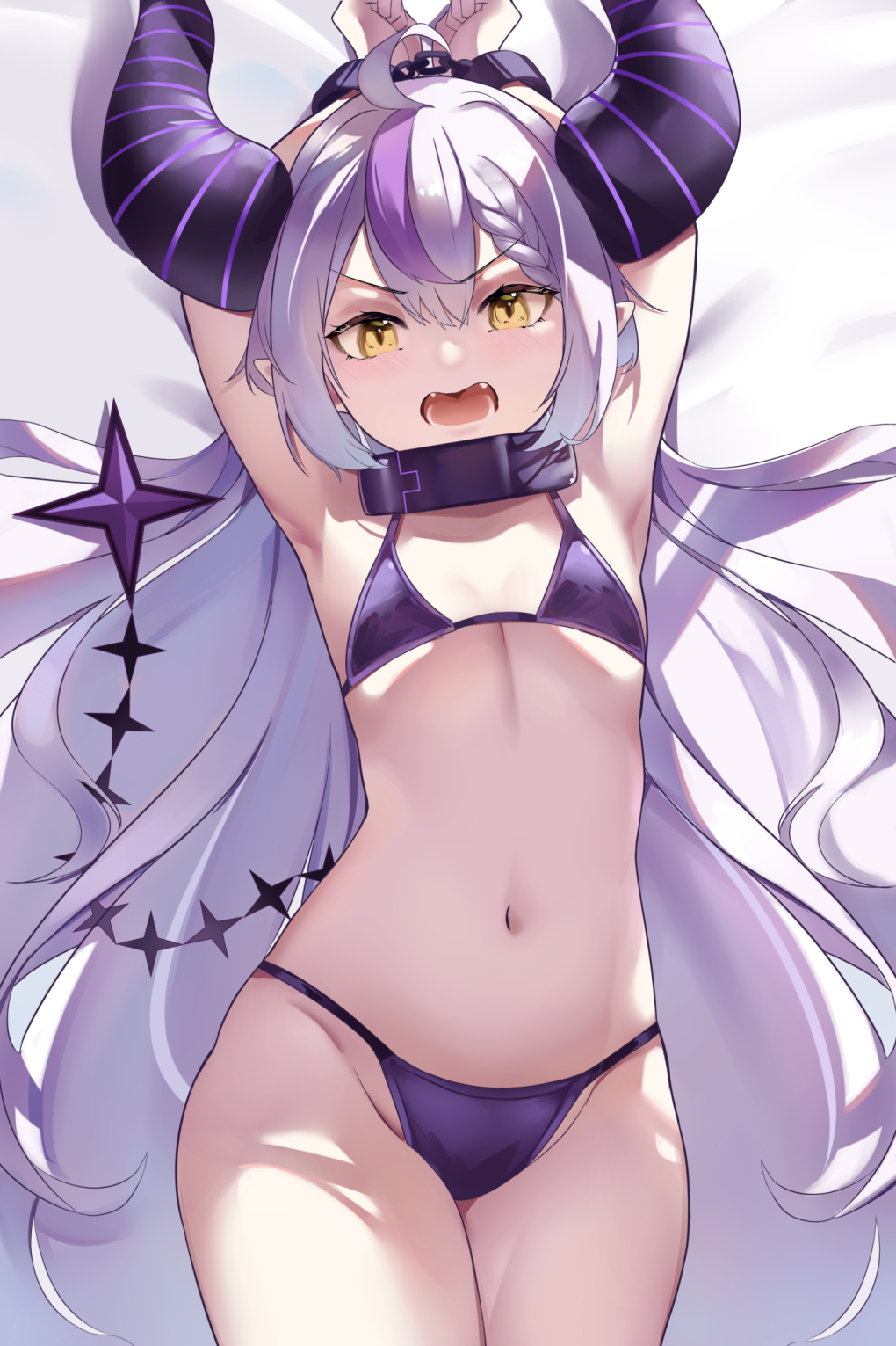 1girl armpits arms_up bangs bare_arms bare_shoulders bikini bound bound_wrists brown_eyes chain collar collarbone cowboy_shot cuffs demon_horns donggua_bing_cha eyebrows_visible_through_hair fangs grey_hair hair_between_eyes highres hololive horns la+_darknesss long_hair looking_at_viewer metal_collar multicolored_hair navel open_mouth purple_bikini purple_hair solo streaked_hair swimsuit very_long_hair virtual_youtuber white_background