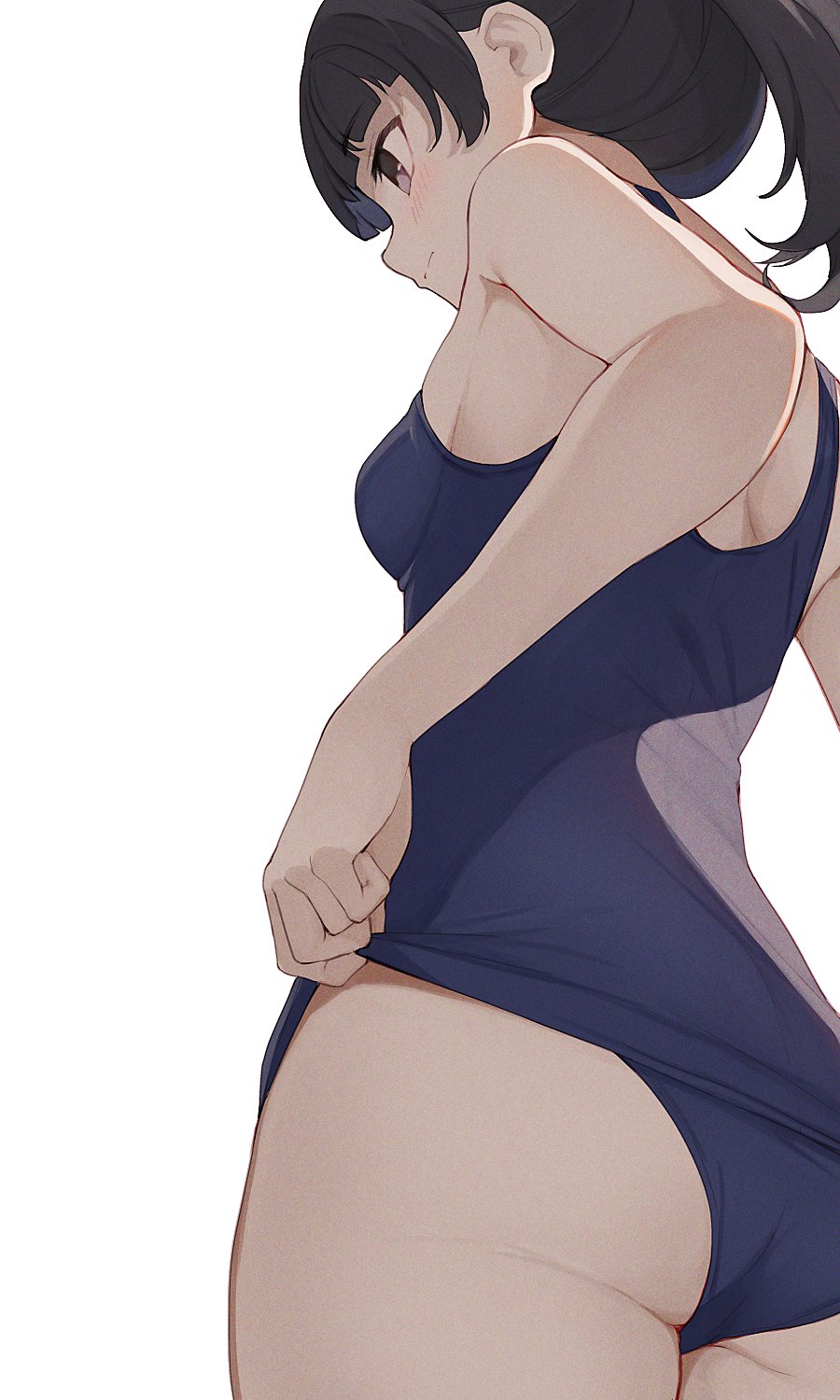 1girl adjusting_clothes adjusting_swimsuit armpit_peek ass back bangs black_hair blue_swimsuit blush breasts closed_mouth eyebrows_visible_through_hair highres hiroki_(yyqw7151) looking_away medium_hair original ponytail school_swimsuit school_swimsuit_flap serious small_breasts solo swimsuit thighs violet_eyes white_background