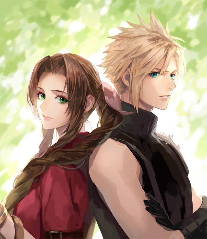 11mtri 1boy 1girl aerith_gainsborough armor back-to-back bangs blonde_hair blue_eyes bracelet braid braided_ponytail brown_hair cloud_strife crossed_arms final_fantasy final_fantasy_vii final_fantasy_vii_remake flower_basket green_background green_eyes hair_over_shoulder hair_ribbon jacket jewelry parted_bangs parted_lips pink_ribbon red_jacket ribbon shoulder_armor sidelocks sleeveless sleeveless_turtleneck spiky_hair square_enix suspenders turtleneck upper_body