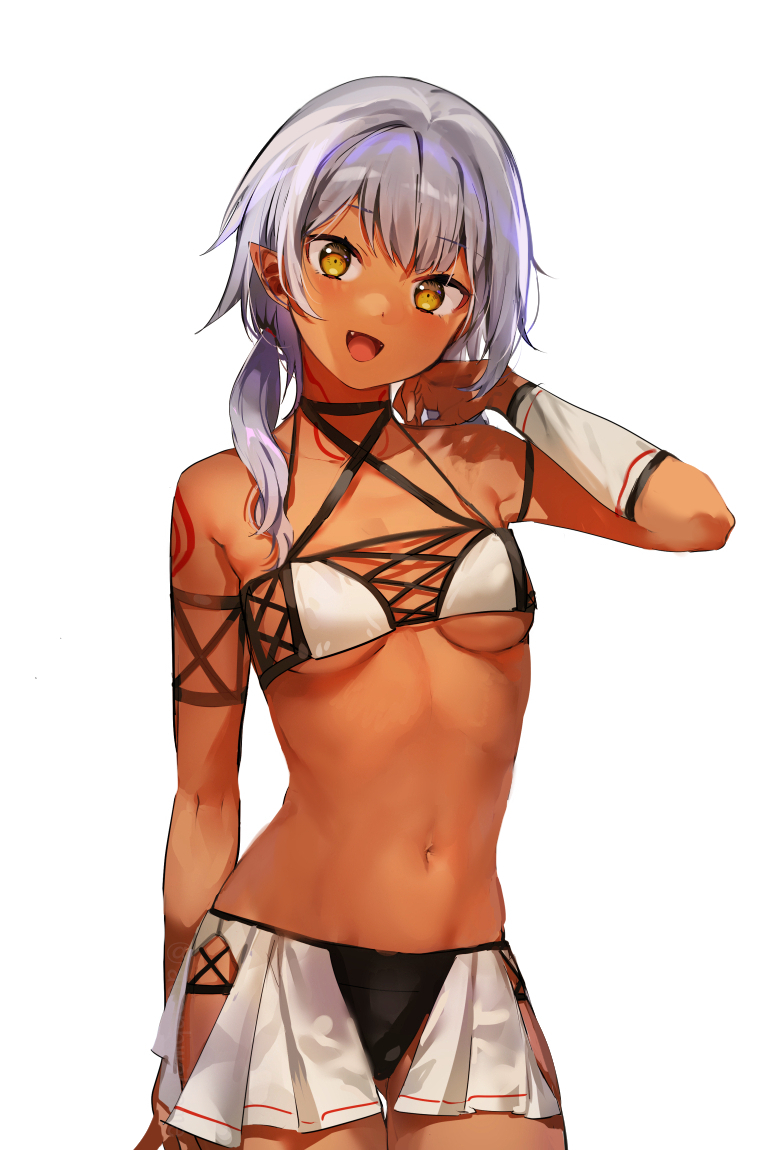 1girl arm_up armband breasts commentary_request cowboy_shot criss-cross_halter dark-skinned_female dark_skin eyebrows_visible_through_hair fang halterneck head_tilt konbu_wakame looking_at_viewer midriff navel original pointy_ears ponytail silver_hair small_breasts solo tattoo yellow_eyes