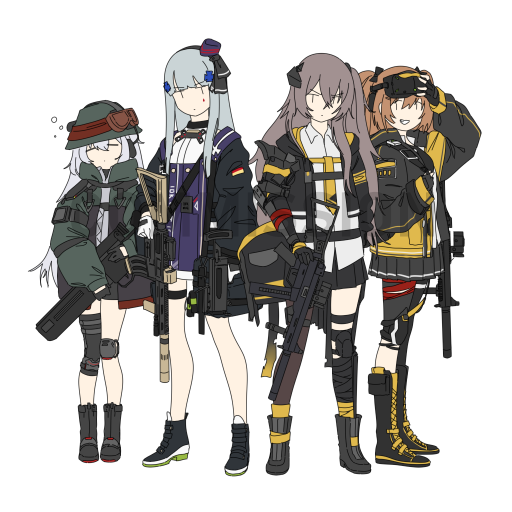 404_(girls'_frontline) 4girls assault_rifle boots fingerless_gloves g11_(girls'_frontline) girls_frontline gloves goggles goggles_on_head grenade_launcher gun h&amp;k_g11 h&amp;k_hk416 h&amp;k_ump h&amp;k_ump45 h&amp;k_ump9 hat heckler_&amp;_koch hk416_(girls'_frontline) kofucchi mechanical_arms mod3_(girls'_frontline) multiple_girls rifle single_mechanical_arm sleepy submachine_gun ump45_(girls'_frontline) ump9_(girls'_frontline) weapon white_background