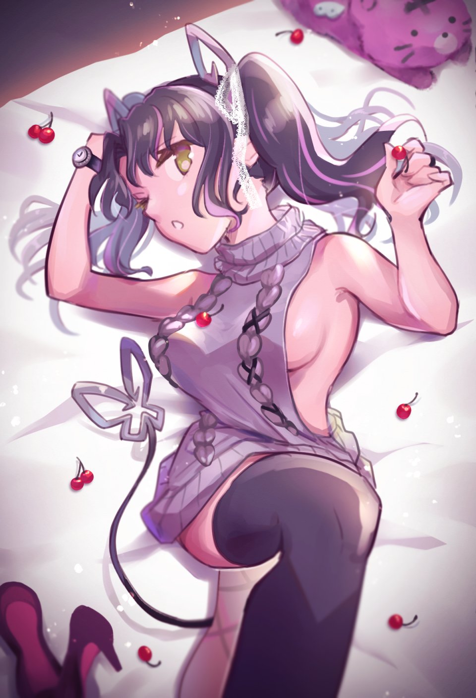 1girl aran_sweater backless_dress backless_outfit bangs black_hair black_legwear black_ribbon breasts cherry demon_girl demon_horns demon_tail dress feet_out_of_frame food fruit grey_sweater halterneck high_heels highres horns kojo_anna kuzuhana leg_ribbon long_hair looking_at_viewer medium_breasts meme_attire multicolored_hair official_alternate_costume open_mouth pointy_ears purple_hair ribbed_sweater ribbon shoes shoes_removed sideboob single_thighhigh solo stuffed_animal stuffed_tiger stuffed_toy sugar_lyric sweater sweater_dress tail thigh-highs turtleneck turtleneck_sweater twintails two-tone_hair virgin_killer_sweater virtual_youtuber watch watch yellow_eyes