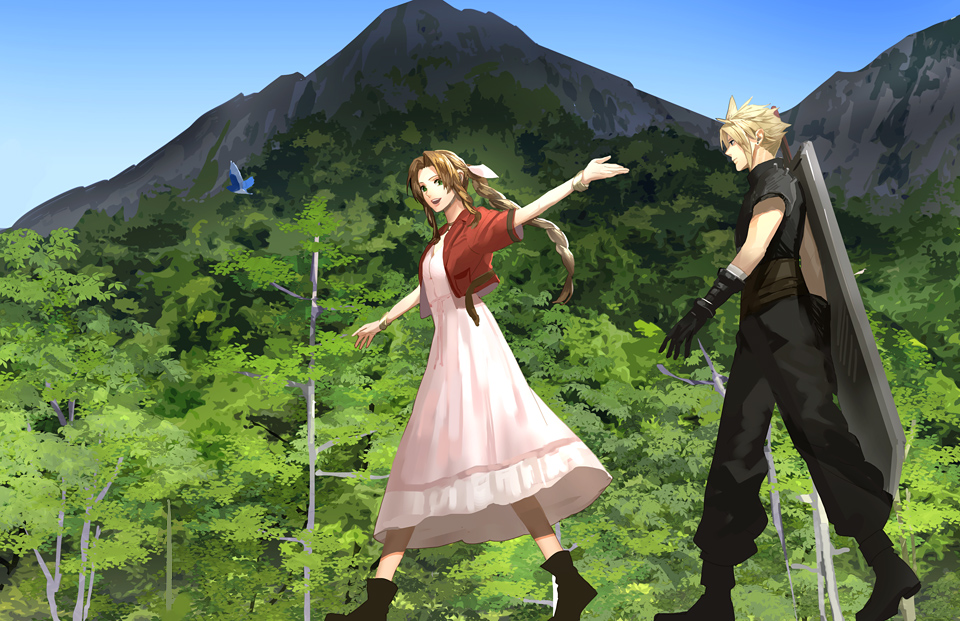 11mtri 1boy 1girl aerith_gainsborough armor bangs belt bird blonde_hair boots bracelet braid braided_ponytail brown_hair buster_sword choker cloud_strife dress earrings final_fantasy final_fantasy_vii final_fantasy_vii_remake forest full_body gloves green_eyes hair_ribbon jacket jewelry long_hair mountain nature open_mouth parted_bangs pink_dress pink_ribbon red_jacket ribbon shoulder_armor single_earring sleeveless sleeveless_turtleneck smile spiky_hair square_enix suspenders teeth tree turtleneck upper_teeth walking weapon weapon_on_back