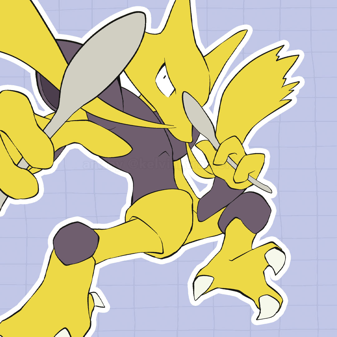 alakazam black_eyes claws commentary grey_background grid_background holding holding_spoon kelvin-trainerk looking_to_the_side no_humans outline pokemon pokemon_(creature) solo spoon twitter_username watermark