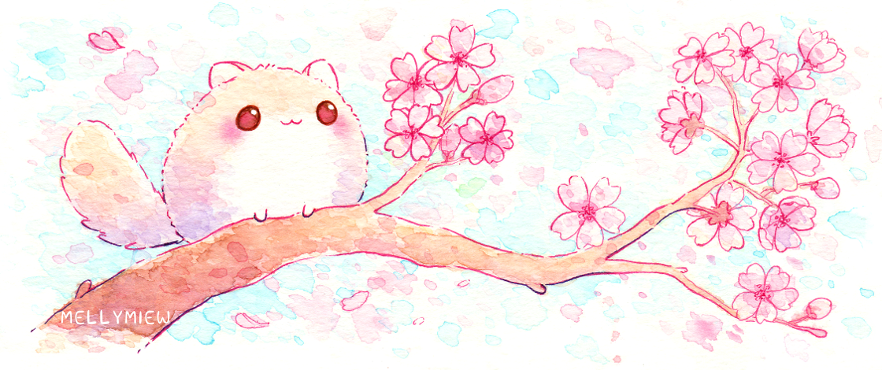 :3 animal animal_focus artist_name bisquii branch cherry_blossoms chibi closed_mouth english_commentary flower flying_squirrel no_humans original painting_(medium) pink_flower red_eyes squirrel traditional_media watercolor_(medium)