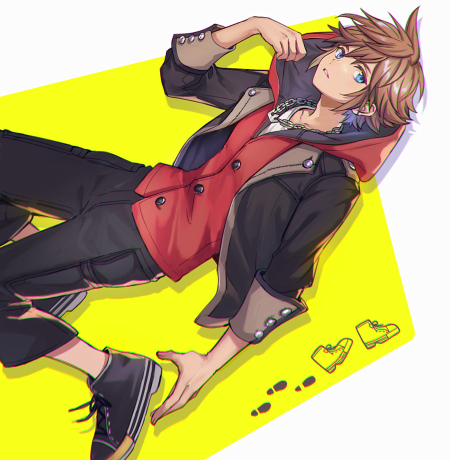 1boy black_jacket black_pants blue_eyes brown_hair buttons crown_(symbol) hood hoodie jacket jewelry kingdom_hearts kingdom_hearts_iv looking_at_viewer necklace pants parted_lips red_hoodie shoes sneakers solo sora_(kingdom_hearts) yurichi_(artist)