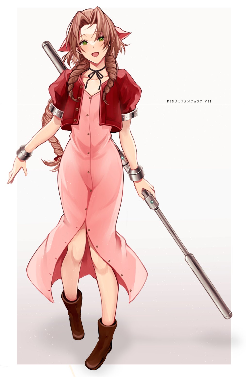 1girl aerith_gainsborough bangs boots bracelet braid braided_ponytail brown_hair buttons choker cropped_jacket dress final_fantasy final_fantasy_vii full_body green_eyes hair_ribbon highres holding holding_weapon jacket jewelry open_mouth parted_bangs pink_dress pink_ribbon red_jacket ribbon rogobo_(rgb_0127) sidelocks simple_background solo square_enix staff unbuttoned_dress weapon