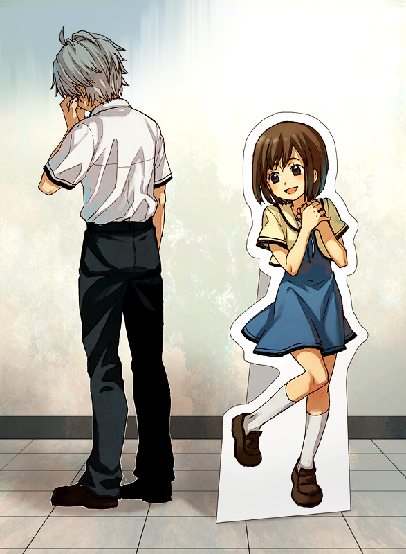 1boy bangs black_pants brown_footwear brown_hair character_print collared_shirt facing_away grey_hair hand_on_own_face loafers nishii_(pixiv4603624) pants protagonist_(tokimemo_gs2) saeki_teru school_uniform shirt shoes short_hair short_sleeves solo standing tile_floor tiles tokimeki_memorial tokimeki_memorial_girl's_side_2nd_kiss wall white_shirt