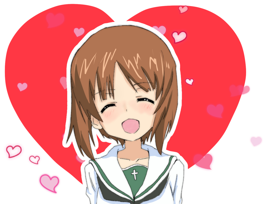 1girl :d bangs black_neckerchief blouse brown_hair closed_eyes eyebrows_visible_through_hair facing_viewer girls_und_panzer heart light_blush mal_(malmlamal) neckerchief nishizumi_miho ooarai_school_uniform open_mouth outline portrait sailor_collar school_uniform serafuku short_hair smile solo white_background white_blouse white_outline white_sailor_collar