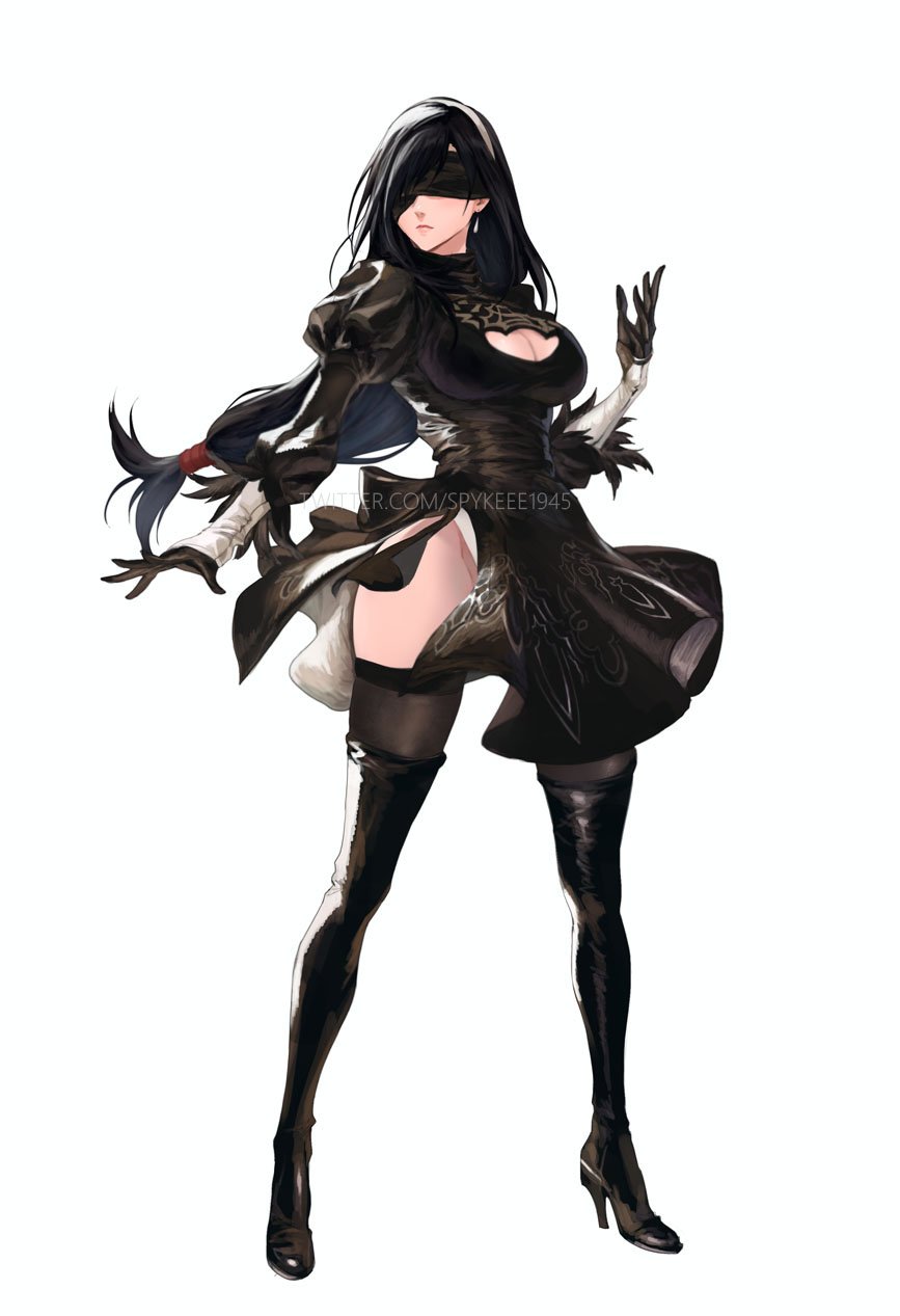 1girl black_blindfold black_dress black_hair blindfold boots breasts cleavage_cutout clothing_cutout cosplay dress earrings final_fantasy final_fantasy_vii final_fantasy_vii_remake full_body hairband high_heels highres jewelry large_breasts long_hair low-tied_long_hair nier_(series) nier_automata puffy_sleeves solo spykeee1945 standing thigh-highs thigh_boots tifa_lockhart twitter_username white_background white_hairband yorha_no._2_type_b yorha_no._2_type_b_(cosplay)