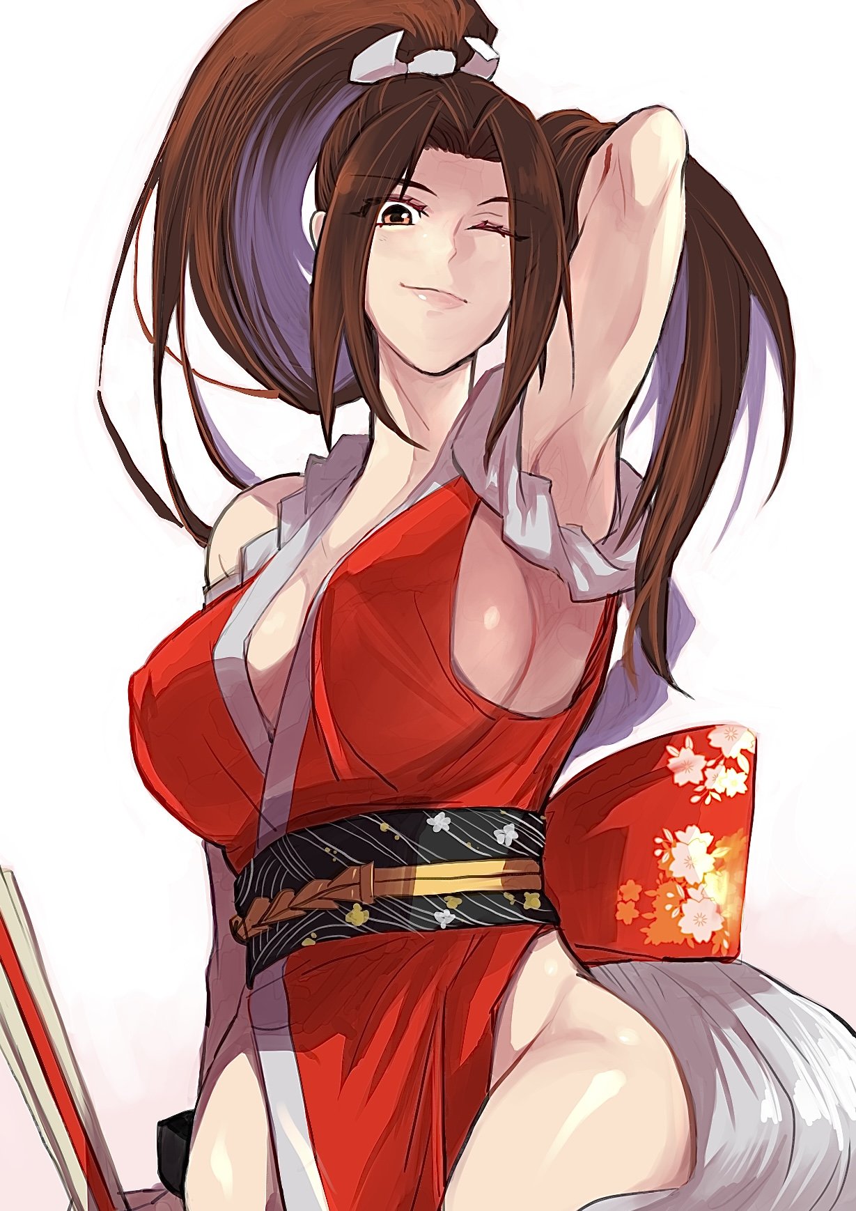 1girl arm_guards armpits bangs bare_shoulders breasts closed_fan fatal_fury folding_fan futabamidori hand_fan high_ponytail highres holding holding_fan large_breasts long_hair looking_at_viewer ninja pelvic_curtain ponytail revealing_clothes rope shiranui_mai sideboob snk solo the_king_of_fighters the_king_of_fighters_xv