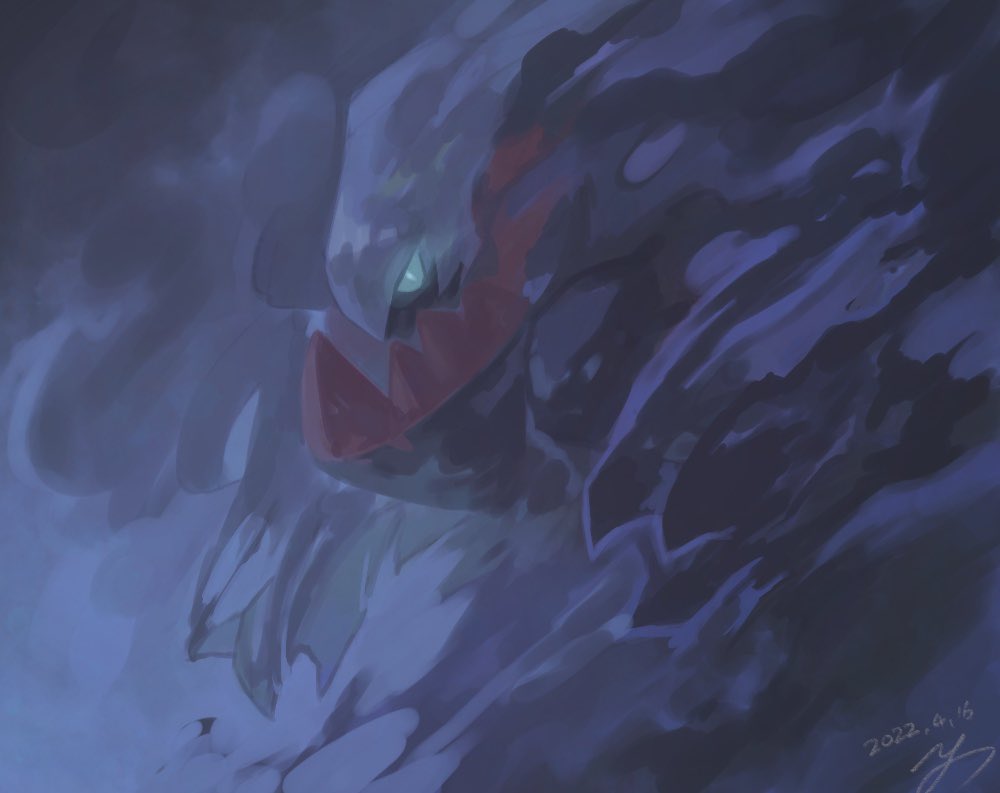 bright_pupils commentary_request darkrai dated from_side glowing glowing_eyes green_eyes no_humans pokemon pokemon_(creature) signature smoke solo yu_ikedon