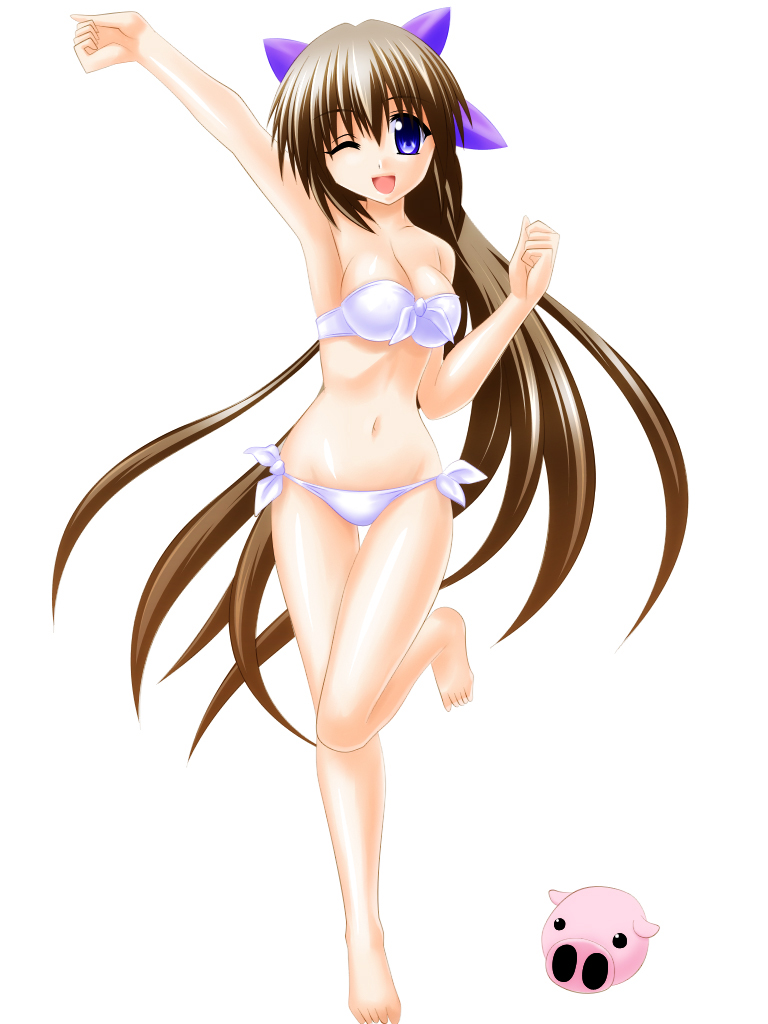 blue_eyes brown_hair engo_(aquawatery) long_hair nagasarete_airantou suzu suzu_(nagasarete_airantou) swimsuit tonkatsu tonkatsu_(nagasarete_airantou) wink