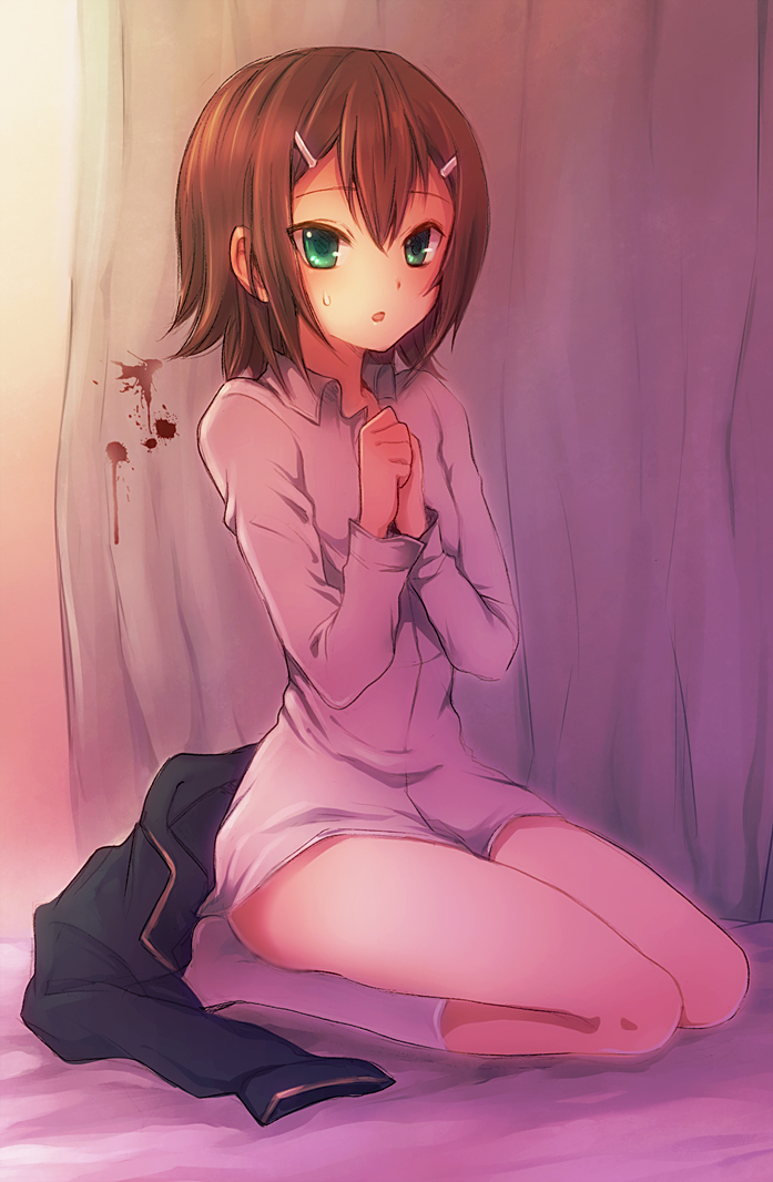 blood brown_hair dress_shirt green_eyes hair_ornament hairclip kinoshita_hideyoshi kintsuku no_pants school_uniform seifuku seiza shirt sitting sweatdrop trap undressing