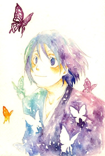 black_hair bleach blue_eyes butterfly rainbow smile watercolor yamada_hanatarou