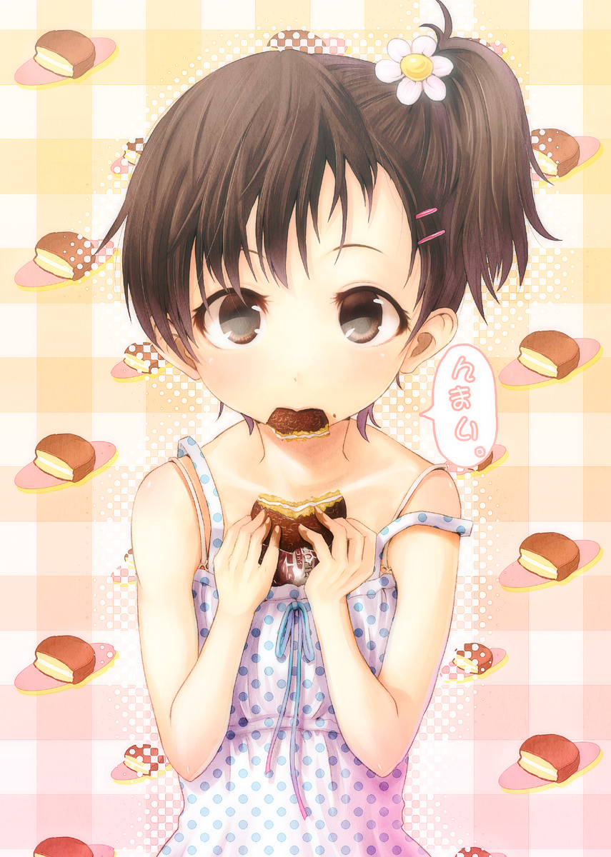 biscuit bra bra_strap brown_eyes brown_hair bust checkered checkered_background cookie dress eating food food_in_mouth hair_ornament hairclip highres hyuuga_azuri original polka_dot polka_dot_dress side_ponytail strap_slip summer_dress