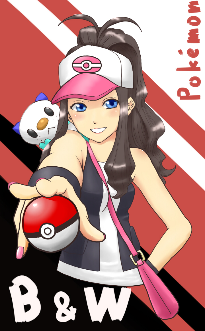 1girl ahoge bag baseball_cap black_hair blue_eyes brown_hair hat holding holding_poke_ball nail_polish oshawott poke_ball pokemon pokemon_(creature) pokemon_(game) pokemon_black_and_white pokemon_bw ponytail rokuji-saty smile tank_top touko_(pokemon) vest wristband