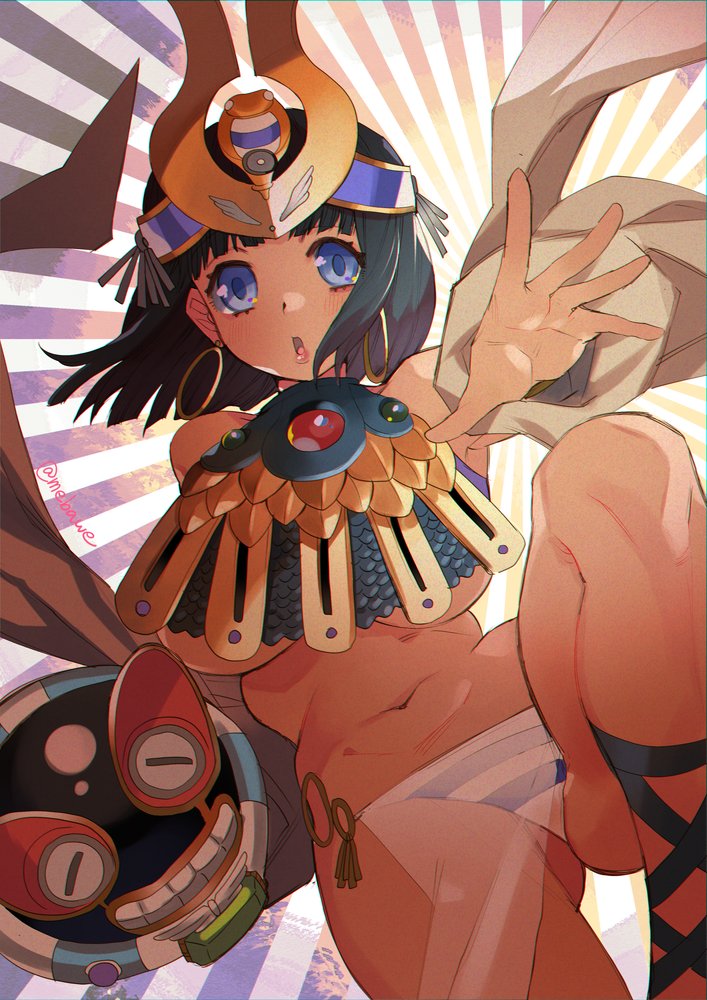 1girl ancient_princess_menace arm_up ass_visible_through_thighs bangs black_hair blue_eyes blunt_bangs breasts commentary_request crown egyptian_clothes groin hayasaka headgear jewelry knee_up large_breasts looking_at_viewer menace navel open_mouth outstretched_arm panties pelvic_curtain queen's_blade revealing_clothes ring sandals scepter setra shawl short_hair striped striped_panties thighs toned under_boob underwear