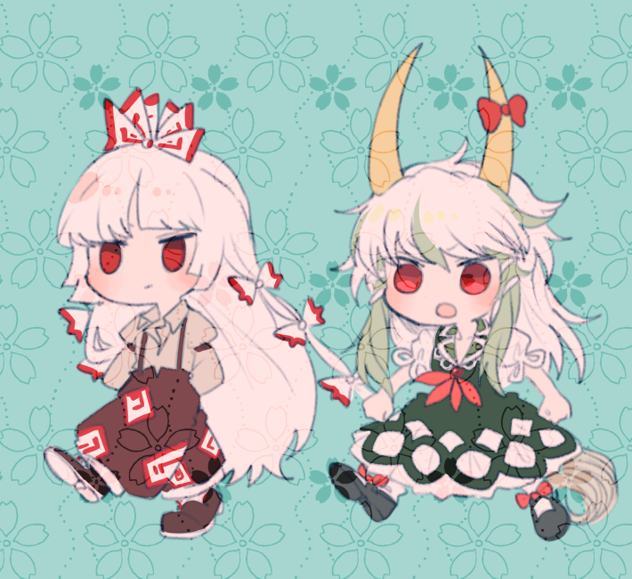 2girls :/ :o aqua_background baggy_pants bangs black_footwear blunt_bangs bow brown_footwear brown_pants chibi clenched_hands closed_mouth collared_dress collared_shirt dress ex-keine expressionless floating_hair floral_background footwear_bow fujiwara_no_mokou full_body green_dress green_tail grey_shirt hair_bow hair_ribbon hands_in_pockets high-waist_pants horn_bow horn_ornament horns itomugi-kun kamishirasawa_keine light_green_hair long_hair long_sleeves looking_ahead mary_janes multicolored_hair multiple_girls neckerchief no_nose no_pupils open_mouth pants puffy_pants puffy_short_sleeves puffy_sleeves red_bow red_eyes red_neckerchief ribbon sakuramon shirt shirt_tucked_in shoe_soles shoes short_sleeves sleeve_garter standing streaked_hair suspenders swept_bangs tail texture touhou tress_ribbon very_long_hair walking white_bow white_hair wing_collar