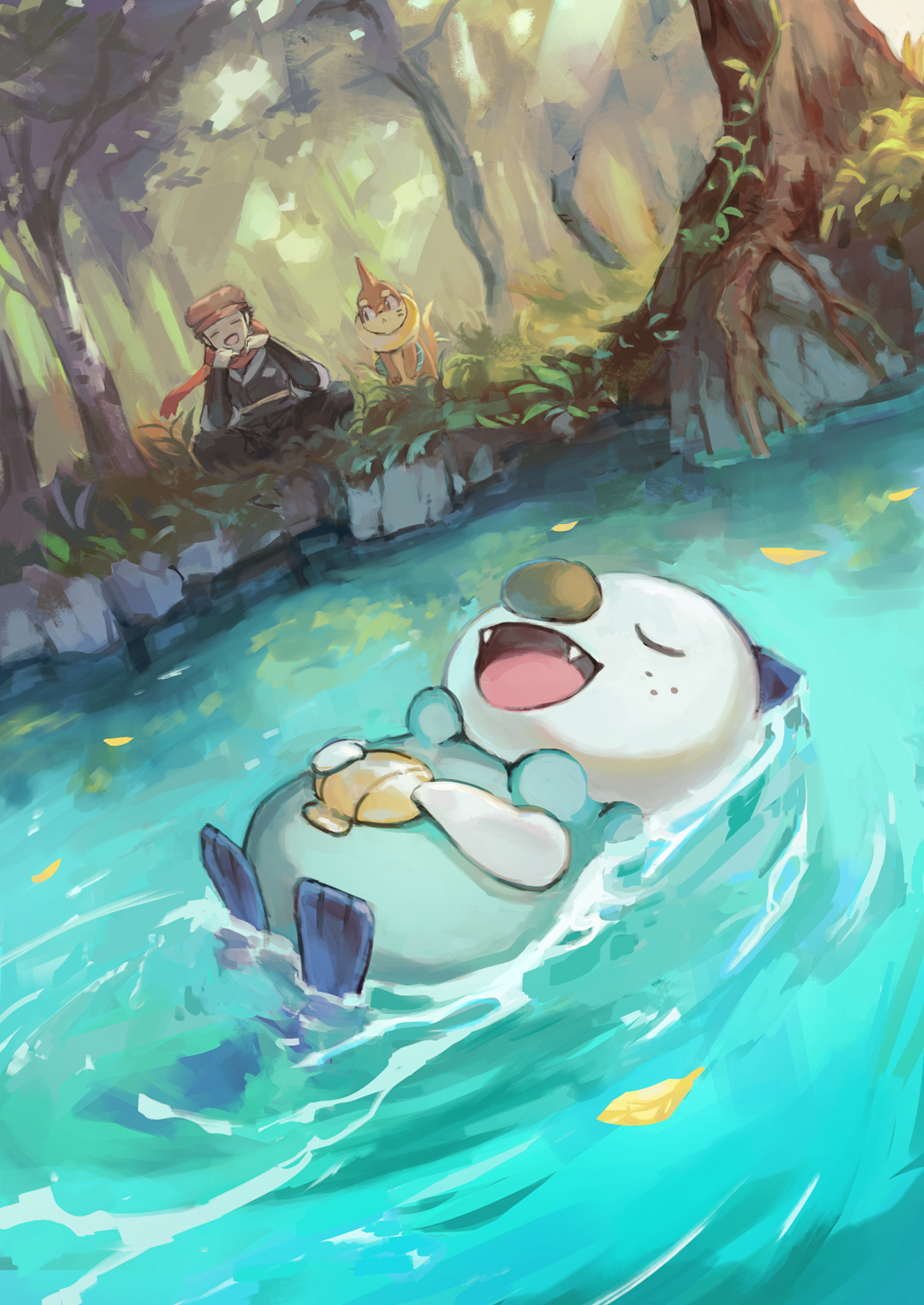 1boy :d afloat black_hair buizel closed_eyes day floating_scarf forest grass hat highres leaf male_focus maumaujanken nature open_mouth oshawott outdoors pokemon pokemon_(game) pokemon_legends:_arceus red_headwear red_scarf rei_(pokemon) ripples scarf short_hair sitting smile tree water