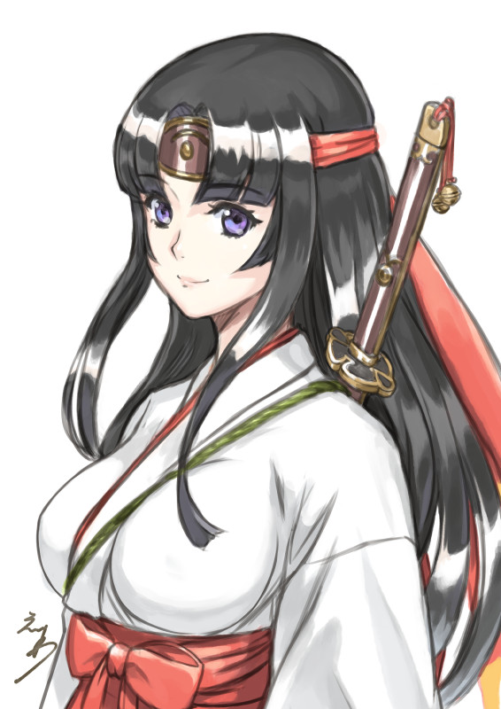 1girl black_hair blush breasts closed_mouth commentary_request covered_nipples eiwa eyebrows_visible_through_hair hakama hakama_skirt headband japanese_clothes katana large_breasts long_hair long_sleeves looking_at_viewer miko musha_miko_tomoe official_art queen's_blade red_hakama red_headband sidelocks signature skirt smile solo sword tomoe upper_body very_long_hair violet_eyes weapon