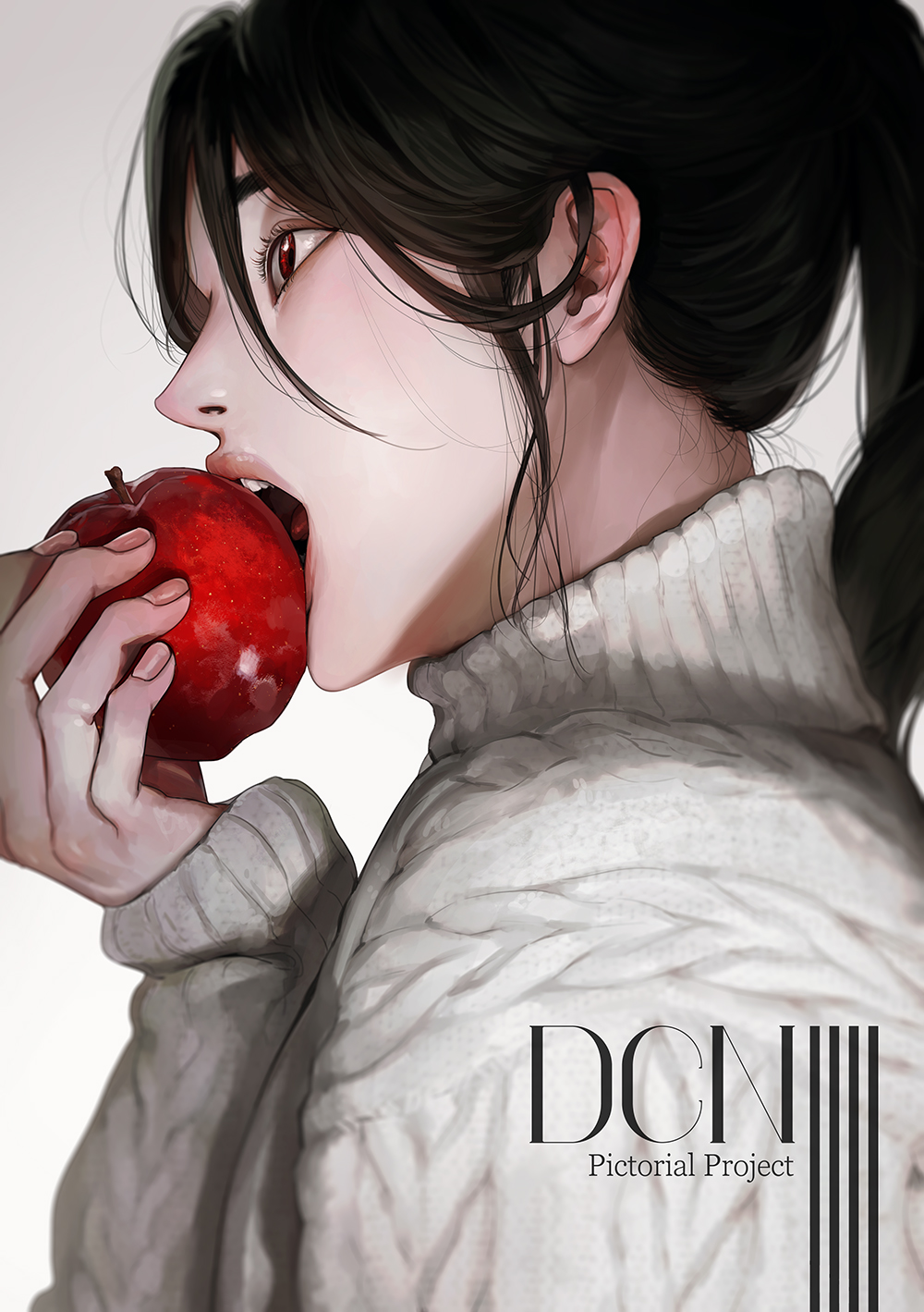 1boy apple aran_sweater biting black_hair copyright_request duckchuni eating english_text eyelashes fingernails food from_side fruit grey_background hair_between_eyes hand_up highres holding holding_food holding_fruit lips long_hair long_sleeves looking_away male_focus messy_hair open_mouth ponytail profile red_eyes sidelocks solo sweater symbol-only_commentary teeth tongue turtleneck turtleneck_sweater upper_body white_sweater
