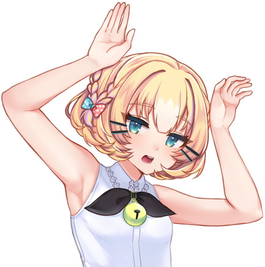 1girl arms_up bell black_bow black_bowtie blonde_hair blue_eyes bow bowtie braid bunny_pose hair_bow hands_up jingle_bell looking_at_viewer medium_hair millie_parfait neck_bell nijisanji nijisanji_en open_mouth phony_(cevio) shirt sleeveless sleeveless_shirt solo temachii transparent_background upper_body white_shirt