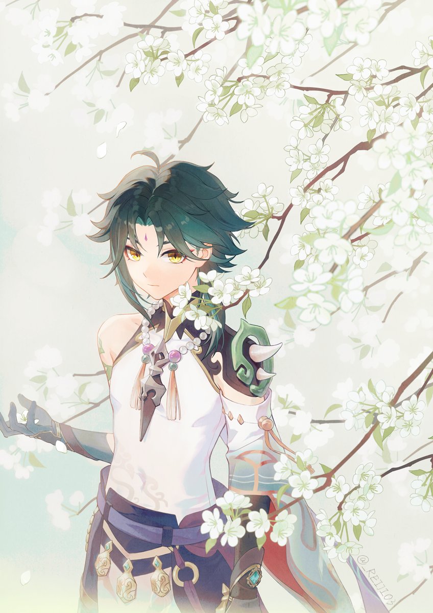 1boy ahoge arm_guards arm_tattoo asymmetrical_clothes bangs bead_necklace beads black_hair closed_mouth cowboy_shot detached_sleeves diamond-shaped_pupils diamond_(shape) eyeshadow facial_mark forehead_mark genshin_impact gloves green_gloves green_hair highres jewelry looking_at_viewer makeup multicolored_hair necklace parted_bangs red_eyeshadow rj_(lingshih10) short_hair_with_long_locks shoulder_pads shoulder_spikes sidelocks single_bare_shoulder single_detached_sleeve solo spikes symbol-shaped_pupils tassel tattoo two-tone_hair vision_(genshin_impact) xiao_(genshin_impact) yellow_eyes