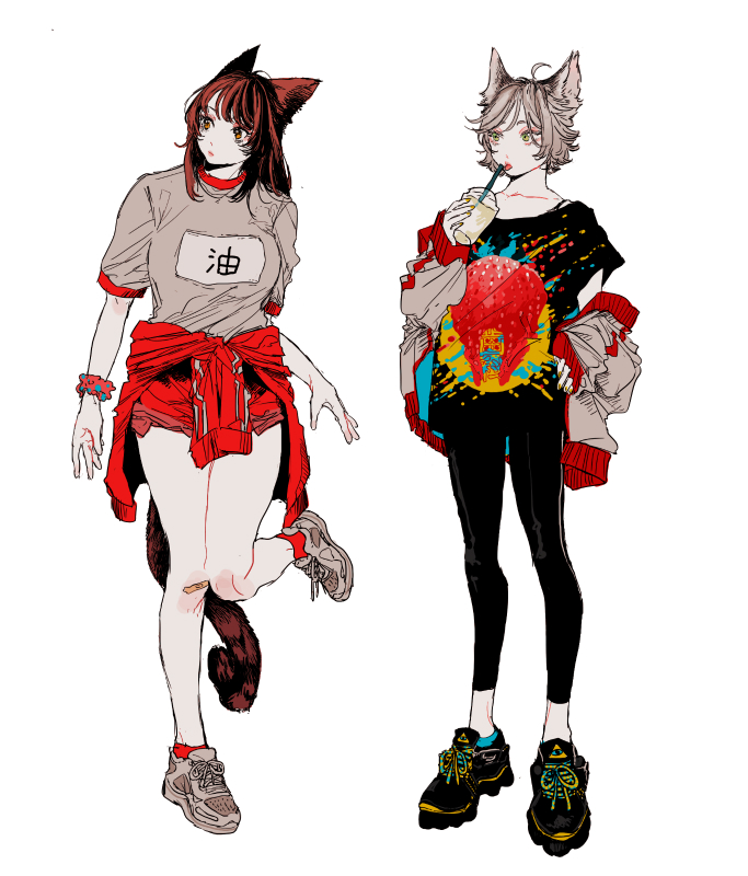 2girls animal_ears ankle_socks bandaid bandaid_on_knee bandaid_on_leg black_hair bobbbob bracelet brown_eyes brown_hair cat_ears cat_girl cat_tail clothes_around_waist cup disposable_cup green_eyes gym_shirt hand_on_hip jacket jacket_around_waist jewelry leggings light_brown_hair looking_to_the_side multicolored_hair multiple_girls nail_polish off_shoulder original pants pants_rolled_up print_shirt shirt shoes sneakers socks strap_slip straw streaked_hair tail tongue tongue_out track_jacket track_pants track_suit yellow_nails