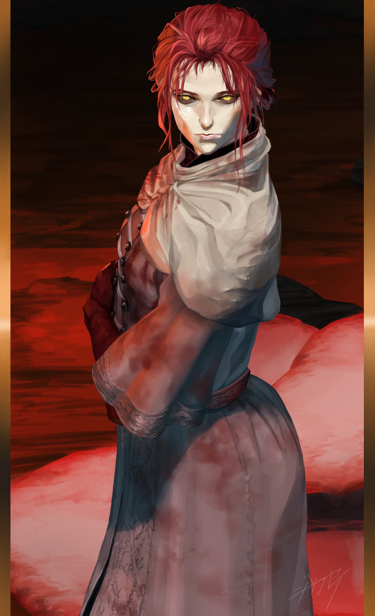 1girl amputee black_sclera blood blood_stain cloak closed_mouth colored_sclera elden_ring from_above gloves highres jikasei_san looking_at_viewer millicent_(elden_ring) pale_skin redhead robe sidelocks yellow_eyes