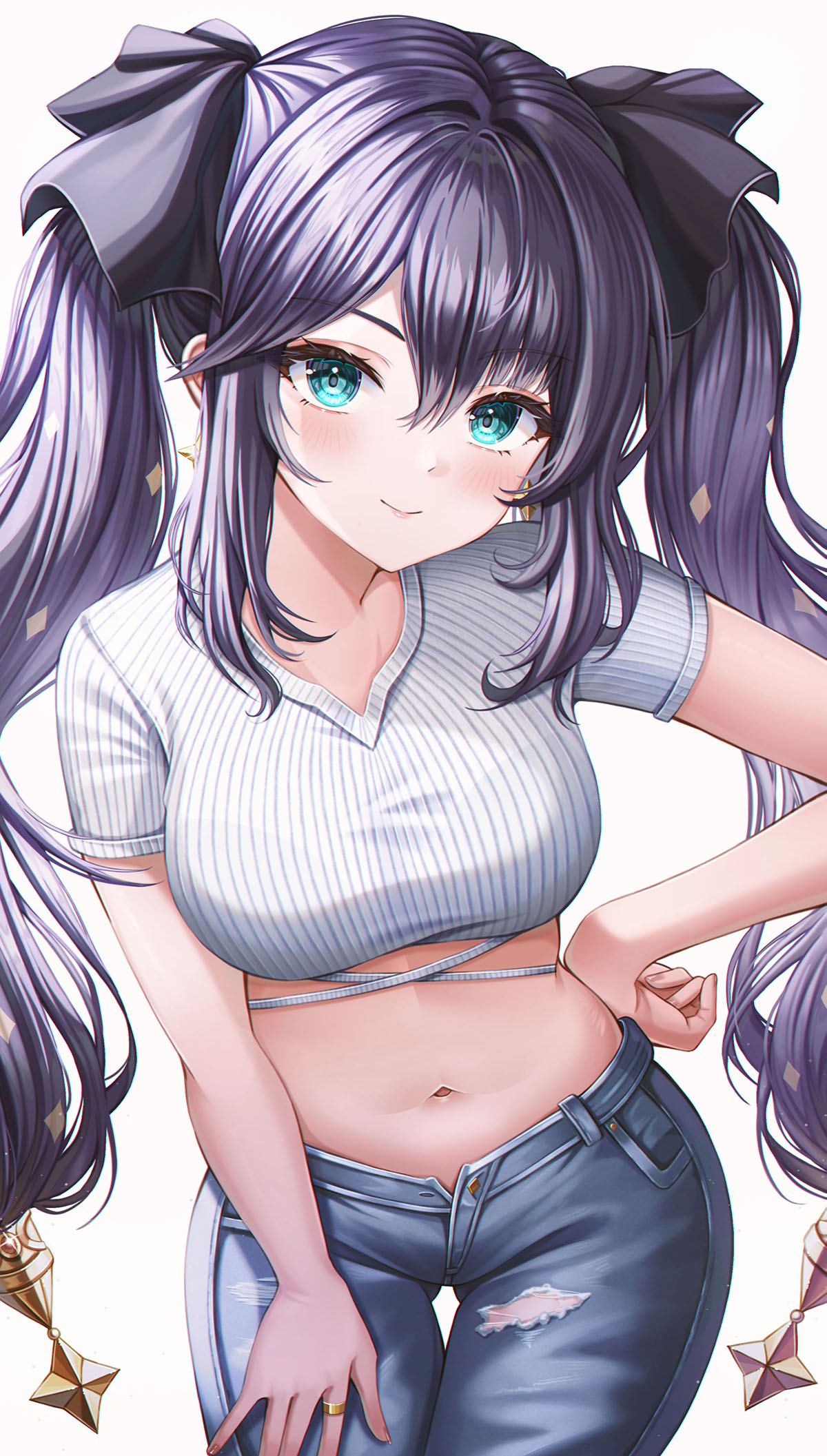 1girl bangs black_ribbon blue_eyes blue_pants blush breasts closed_mouth cowboy_shot crop_top earrings eyebrows_visible_through_hair genshin_impact hair_between_eyes hair_ribbon hand_on_hip hand_on_own_thigh highres jewelry large_breasts long_hair looking_at_viewer mona_(genshin_impact) navel pants purple_hair ribbon ring shirt short_sleeves simple_background smile solo standing stomach thigh_gap torn_clothes torn_pants twintails very_long_hair white_background white_shirt wol_(wol_927)