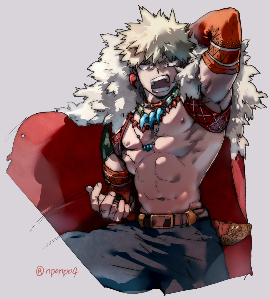 1boy abs arm_behind_head bakugou_katsuki bead_necklace beads belt blonde_hair boku_no_hero_academia cape detached_sleeves earrings fur_collar grey_background jewelry male_focus multiple_necklaces muscular muscular_male necklace nipples open_mouth red_cape red_eyes solo soumaa spiky_hair teeth topless_male twitter_username