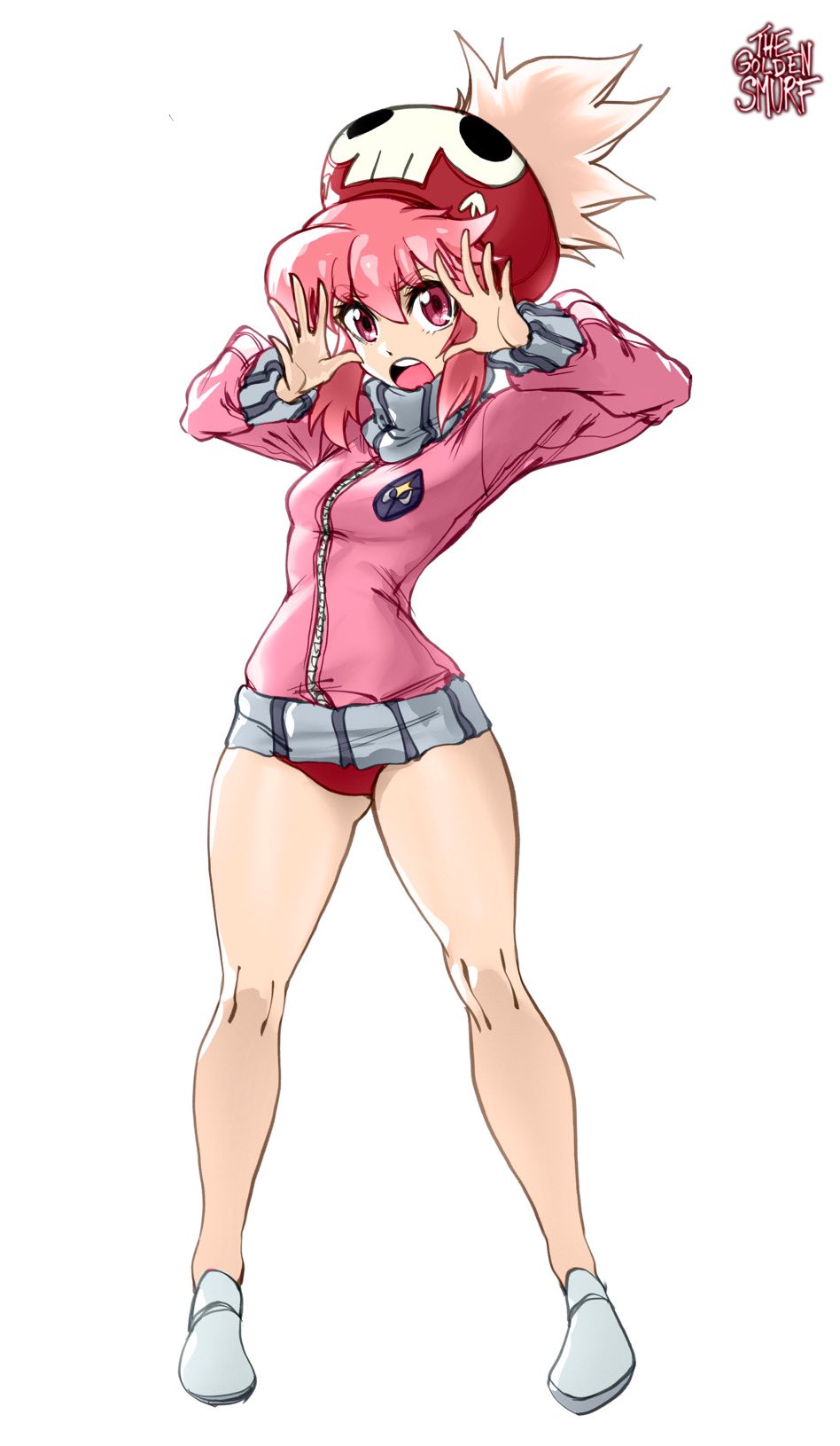1girl artist_name ass_visible_through_thighs bangs breasts buruma commentary english_commentary eyebrows_visible_through_hair foreshortening full_body hair_between_eyes highres jacket jakuzure_nonon kill_la_kill legs_apart long_sleeves open_mouth pink_eyes pink_hair pink_jacket red_buruma red_headwear simple_background small_breasts solo standing teeth the_golden_smurf thighs upper_teeth white_background white_footwear wide_hips zipper