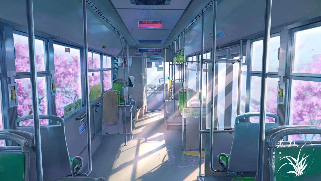 bus bus_interior cherry_blossoms chinese_commentary chinese_text commentary_request ground_vehicle motor_vehicle no_humans original scenery seat shadow sign watermark xingzhi_lv