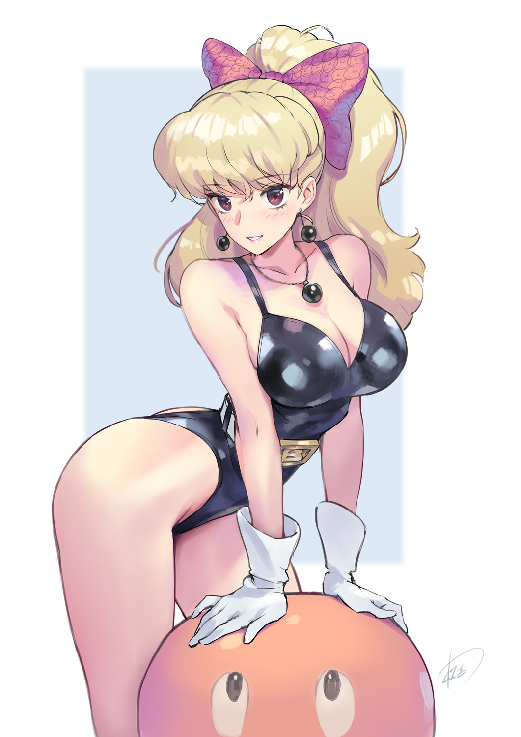 1girl arm_support bangs bare_arms bare_shoulders black_leotard blonde_hair bow character_request commentary_request copyright_request cowboy_shot earrings eyebrows_visible_through_hair gloves grin hair_bow highres jewelry leotard long_hair looking_at_viewer matsuda_(matsukichi) necklace parted_lips pink_bow ponytail smile solo standing thighs violet_eyes white_gloves