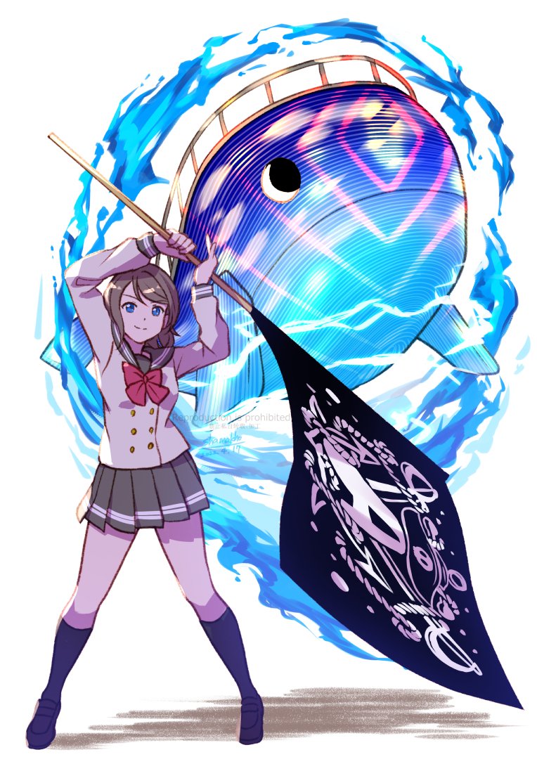 1girl aqours_pirates_desire arms_up black_legwear blue_eyes bow bowtie eyebrows_visible_through_hair flag full_body grey_hair grey_sailor_collar grey_skirt holding holding_flag jojo_no_kimyou_na_bouken love_live! love_live!_sunshine!! miniskirt pleated_skirt pose red_bow red_bowtie sailor_collar school_uniform shamakho ship short_hair skirt smile socks solo stand_(jojo) standing uranohoshi_school_uniform watanabe_you watercraft whale