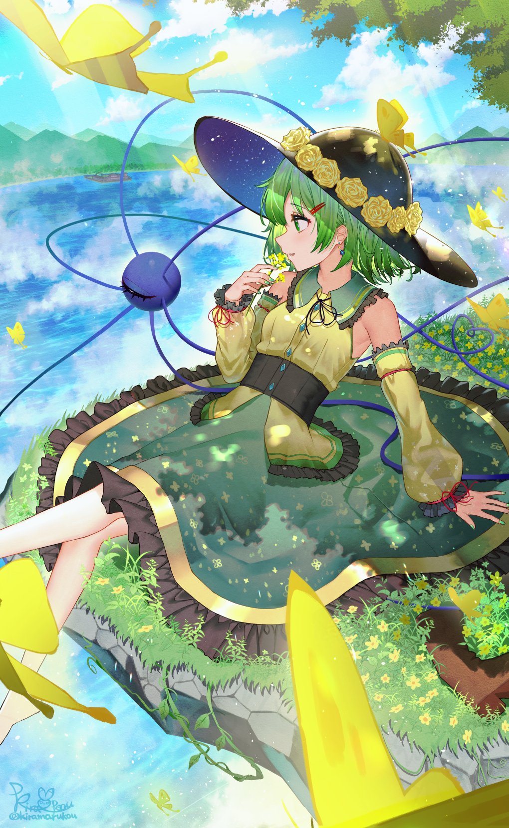 1girl adapted_costume artist_name bangs bare_shoulders blue_sky bow bug butterfly clouds day detached_sleeves flower frills grass green_eyes green_hair green_skirt hat hat_bow highres holding kiramarukou komeiji_koishi long_sleeves looking_ahead outdoors profile shirt short_hair signature sitting skirt sky solo third_eye touhou tree