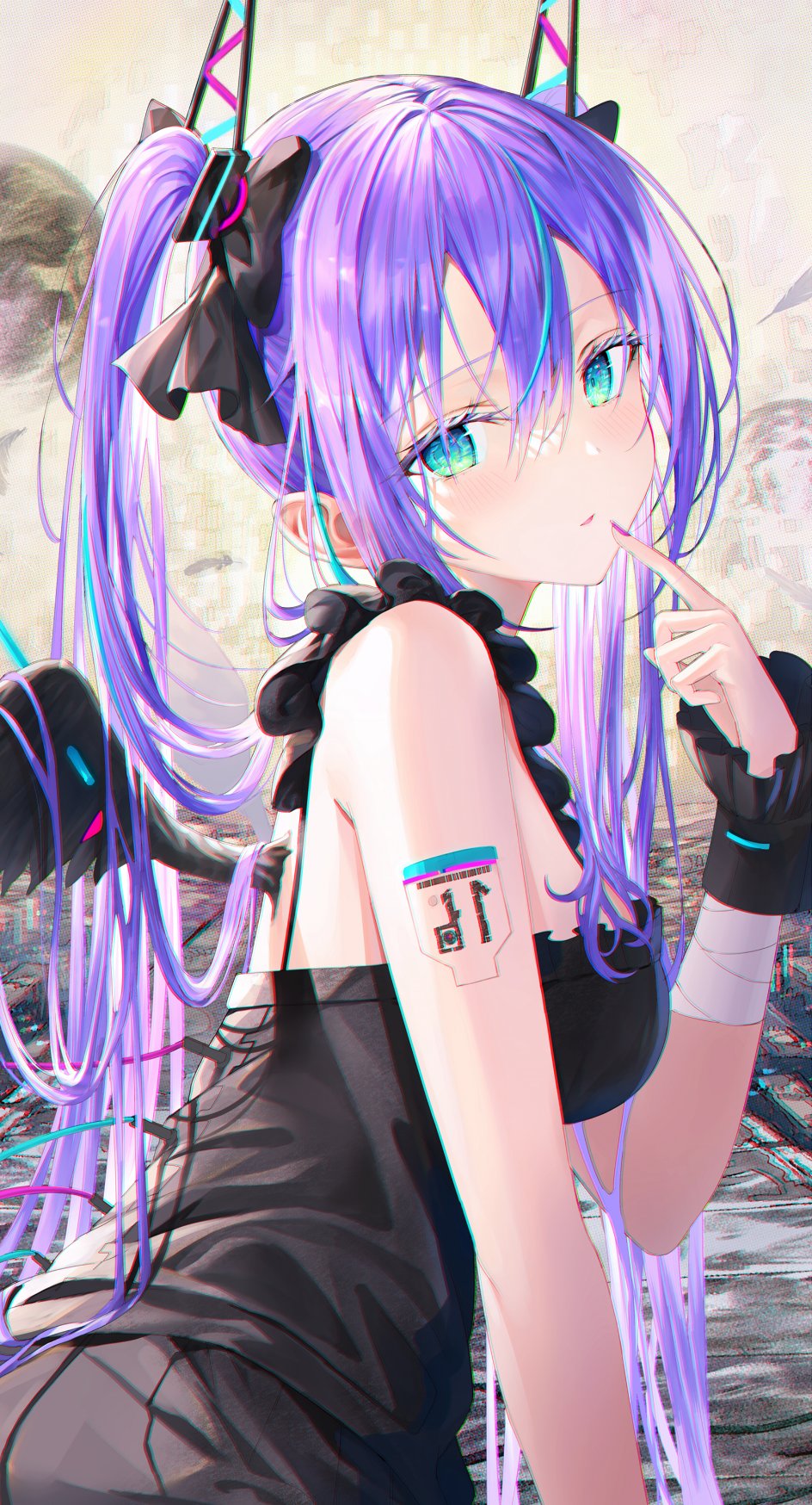 1girl arm_tattoo bandaged_arm bandages bangs bare_shoulders black_bow black_dress black_wings blue_eyes blue_hair blush bow chromatic_aberration copyright_request dress eyebrows_visible_through_hair finger_to_mouth from_side hair_between_eyes hair_bow hand_up highres long_hair looking_at_viewer looking_to_the_side multicolored_hair nail_polish parted_lips purple_hair rin_yuu solo streaked_hair tattoo twintails very_long_hair wings wrist_cuffs