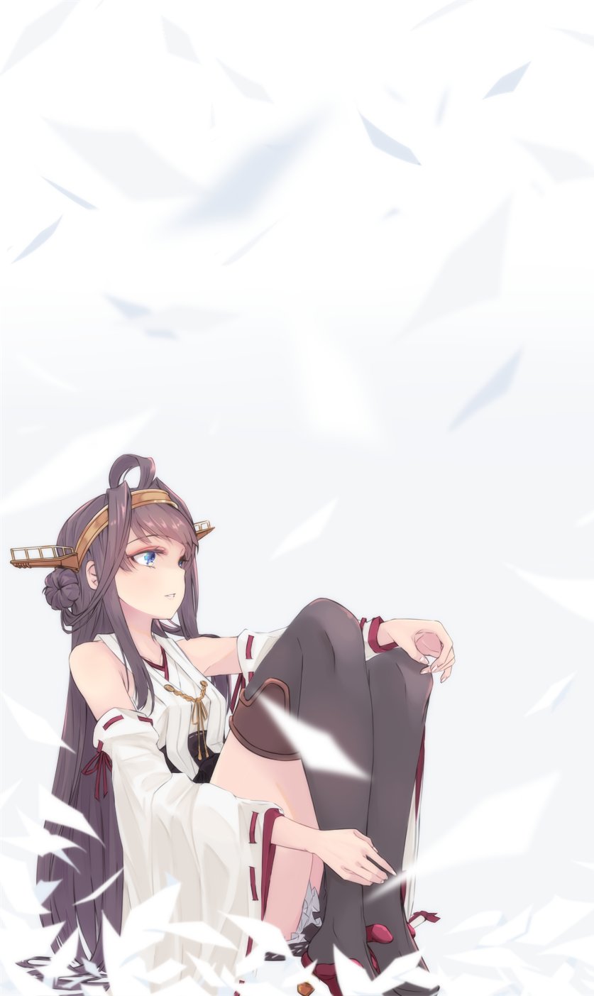 1girl ahoge alakoala breast_curtains brown_hair detached_sleeves double_bun headgear highres japanese_clothes kantai_collection knees_up kongou_(kancolle) kongou_kai_ni_(kancolle) long_hair looking_afar nontraditional_miko parted_lips ribbon-trimmed_sleeves ribbon_trim rudder_footwear sitting solo thigh-highs white_background