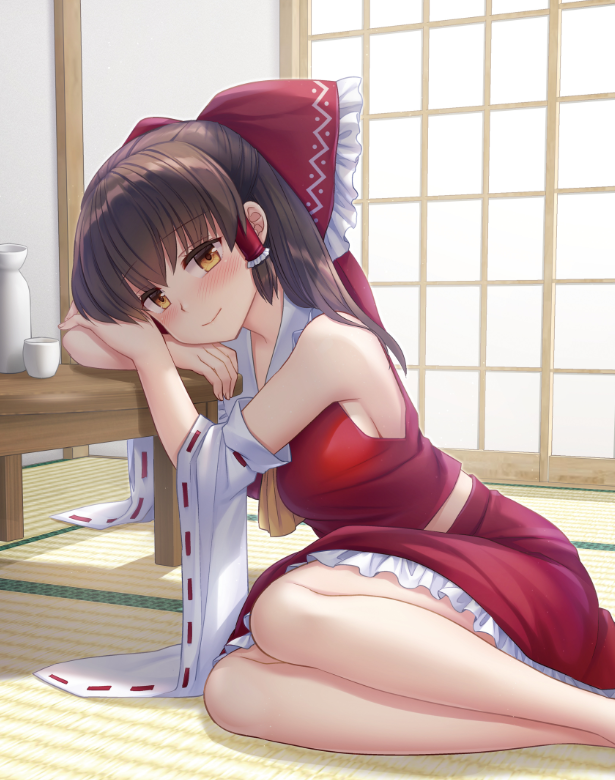 1girl arm_support ascot bangs bare_legs bare_shoulders blush bow breasts brown_hair choko_(cup) closed_mouth commentary_request cup detached_sleeves eyebrows_visible_through_hair feet_out_of_frame frilled_bow frilled_skirt frills hair_bow hair_tubes hakurei_reimu indoors large_breasts long_hair long_sleeves looking_at_viewer medium_skirt nagiyamasugi on_floor red_bow red_shirt red_skirt shirt sideboob sidelocks sitting skirt sleeveless sleeveless_shirt smile solo table tatami touhou wide_sleeves yellow_ascot yellow_eyes yokozuwari