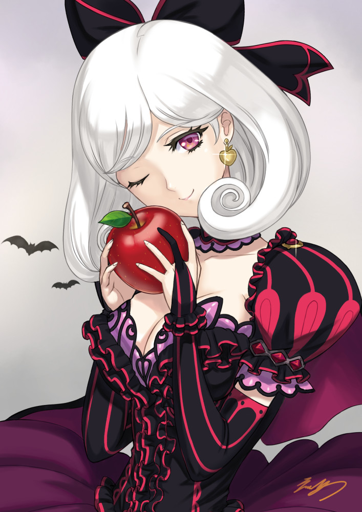 1girl apple bangs bat bow cape capelet commentary_request detached_collar earrings eiwa elbow_gloves eyebrows_visible_through_hair food frills fruit glint gloves hair_bow hair_ornament hair_ribbon hands_up holding jewelry juliet_sleeves layered_skirt long_sleeves looking_at_viewer official_art one_eye_closed puffy_short_sleeves puffy_sleeves queen's_blade queen's_blade_grimoire ribbon short_sleeves skirt smile snow_white_(queen's_blade) solo striped vertical_stripes violet_eyes white_hair