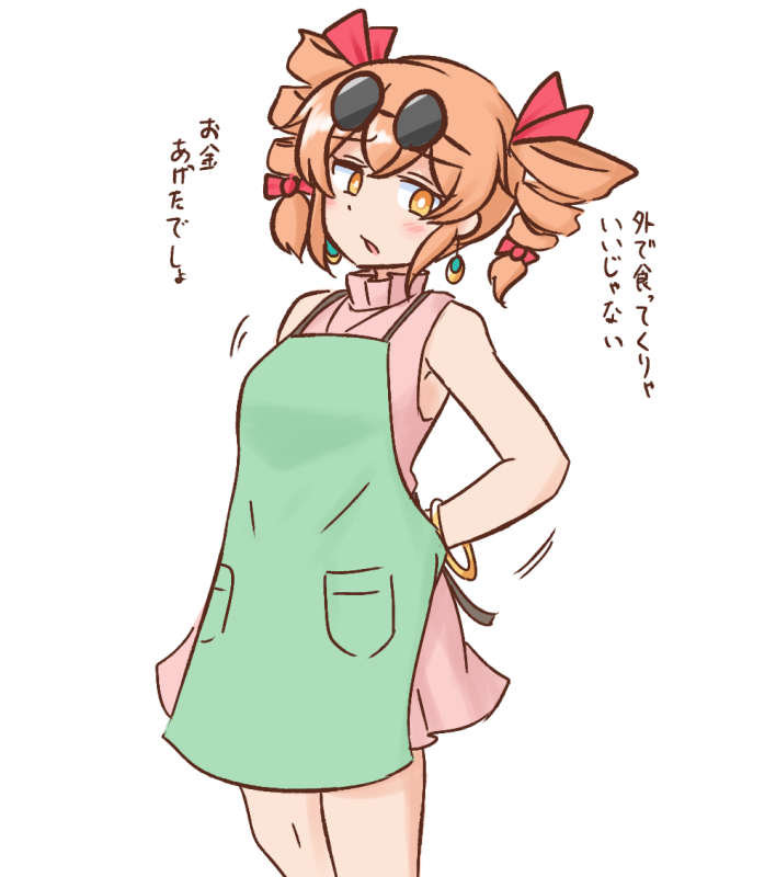 1girl apron bangs bare_arms bare_shoulders blush bow bracelet cowboy_shot dress drill_hair earrings eyewear_on_head hat jewelry looking_to_the_side mizusoba necklace orange_eyes pink_dress ribbon ring short_dress simple_background sleeveless sleeveless_dress solo sunglasses touhou translation_request twin_drills white_background yorigami_jo'on