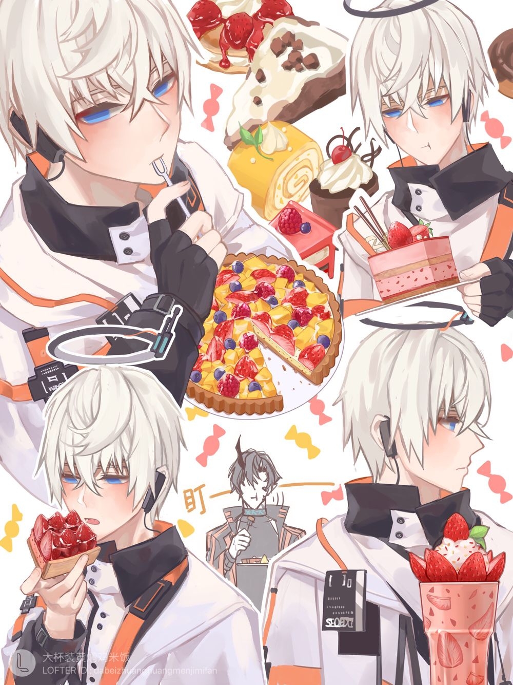 2boys arknights bishounen black_hair blue_eyes cake chewing cupcake dabeijizai earpiece executor_(arknights) flamebringer_(arknights) food fork halo highres id_card male_focus mechanical_halo multiple_boys open_mouth parfait pie white_hair
