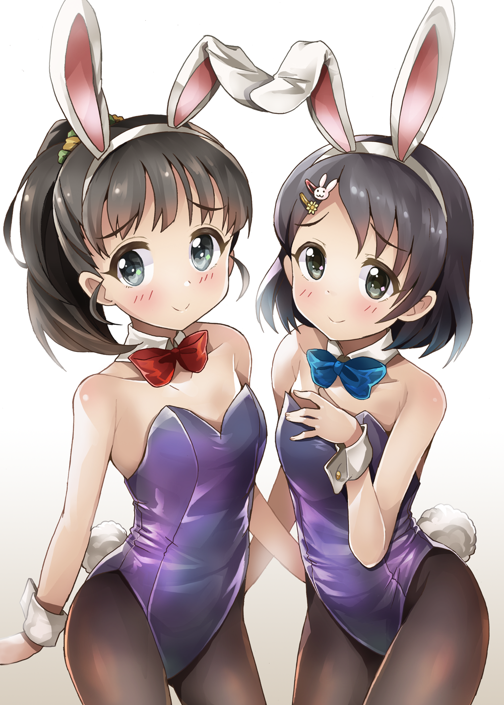 2girls animal_ears bangs black_hair black_leotard blue_bow blue_bowtie blush bob_cut bow bowtie breasts closed_mouth detached_collar eyebrows_visible_through_hair eyeliner fake_animal_ears fake_tail fishnet_legwear fishnets fukuyama_mai green_eyes grin hair_ornament hair_tie hairband hairclip highleg highleg_leotard highres idolmaster idolmaster_cinderella_girls idolmaster_cinderella_girls_starlight_stage leotard looking_at_viewer makeup michii_yuuki multiple_girls oversized_breast_cup pantyhose parted_bangs playboy_bunny ponytail purple_leotard rabbit_ears rabbit_tail red_bow red_bowtie sasaki_chie scrunchie shiny shiny_hair shiny_skin short_hair short_ponytail smile split_mouth strapless strapless_leotard tail traditional_bowtie wrist_cuffs