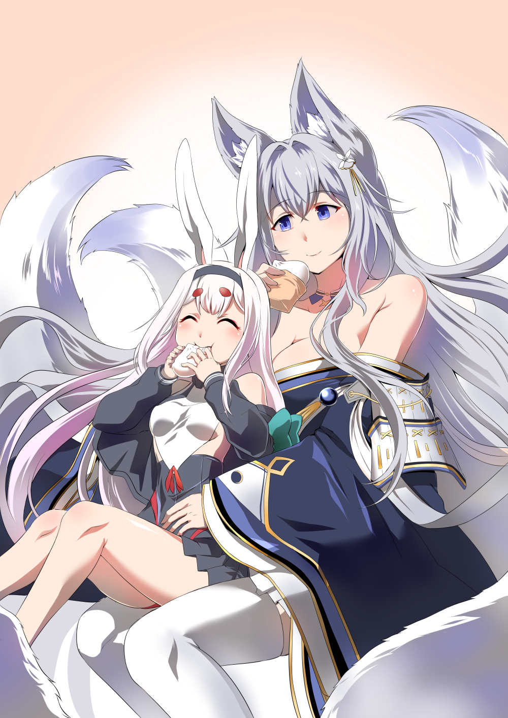 2girls ^_^ animal_ears azur_lane baozi bare_shoulders closed_eyes collarbone detached_collar eating food fox_ears fox_girl fox_tail gradient gradient_background hair_ornament hairband highres holding holding_food knees_up kyuubi looking_at_another looking_down multiple_girls multiple_tails off-shoulder_kimono off_shoulder rabbit_ears shimakaze_(azur_lane) shinano_(azur_lane) silver_hair sitting sitting_on_lap sitting_on_person steed_(steed_enterprise) tail thick_eyebrows violet_eyes white_background white_hair white_legwear