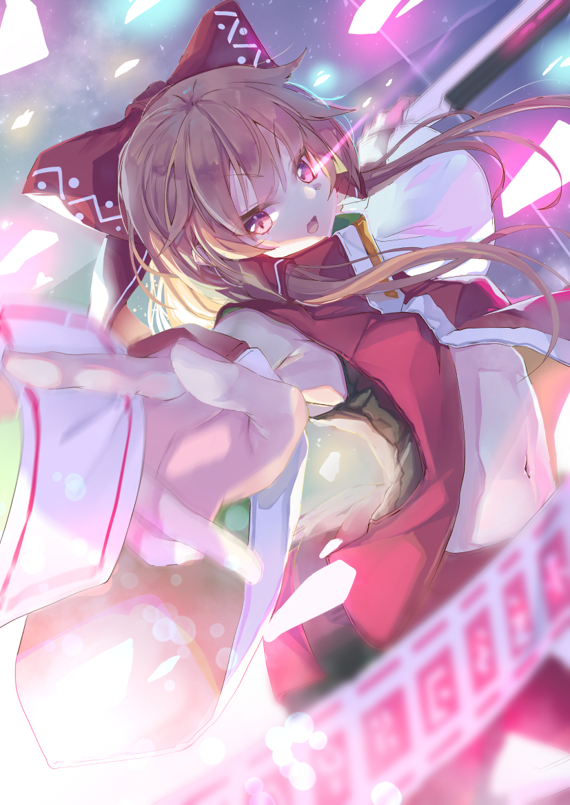 1girl bangs blurry blurry_foreground bow brown_hair commentary depth_of_field detached_sleeves eyebrows_visible_through_hair foreshortening hair_bow hakurei_reimu high_collar holding jacket light_particles long_hair looking_at_viewer medium_skirt midriff_peek navel ofuda open_mouth red_eyes red_jacket red_skirt red_sleeves skirt sleeveless sleeveless_jacket solo tendou_kaoru touhou v-shaped_eyes